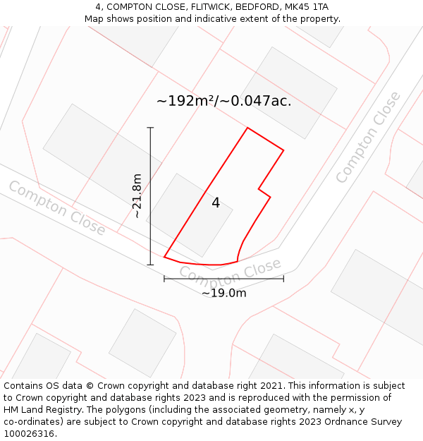 4, COMPTON CLOSE, FLITWICK, BEDFORD, MK45 1TA: Plot and title map