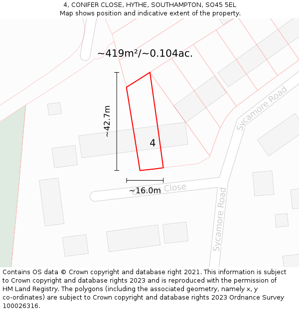 4, CONIFER CLOSE, HYTHE, SOUTHAMPTON, SO45 5EL: Plot and title map