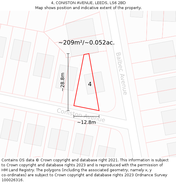 4, CONISTON AVENUE, LEEDS, LS6 2BD: Plot and title map