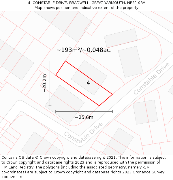 4, CONSTABLE DRIVE, BRADWELL, GREAT YARMOUTH, NR31 9RA: Plot and title map