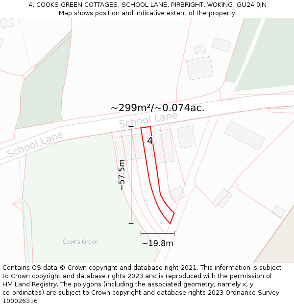 4, COOKS GREEN COTTAGES, SCHOOL LANE, PIRBRIGHT, WOKING, GU24 0JN: Plot and title map
