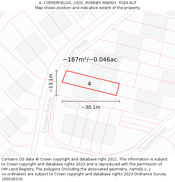 4, COPPERFIELDS, LYDD, ROMNEY MARSH, TN29 9UT: Plot and title map