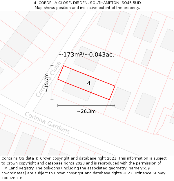 4, CORDELIA CLOSE, DIBDEN, SOUTHAMPTON, SO45 5UD: Plot and title map