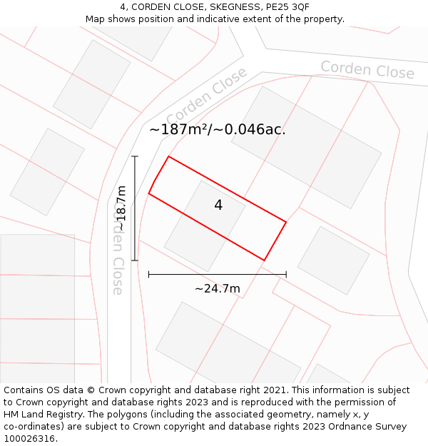 4, CORDEN CLOSE, SKEGNESS, PE25 3QF: Plot and title map