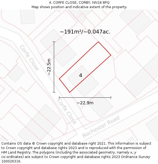 4, CORFE CLOSE, CORBY, NN18 8PQ: Plot and title map