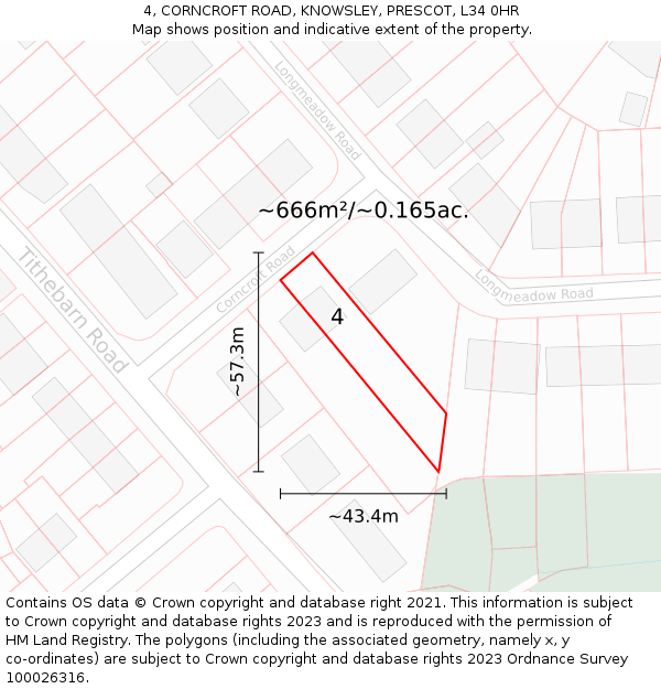 4, CORNCROFT ROAD, KNOWSLEY, PRESCOT, L34 0HR: Plot and title map