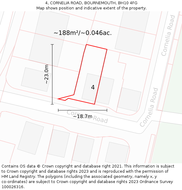 4, CORNELIA ROAD, BOURNEMOUTH, BH10 4FG: Plot and title map