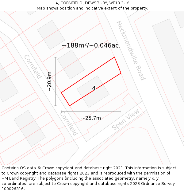 4, CORNFIELD, DEWSBURY, WF13 3UY: Plot and title map