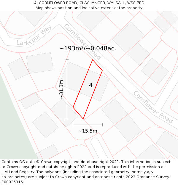 4, CORNFLOWER ROAD, CLAYHANGER, WALSALL, WS8 7RD: Plot and title map