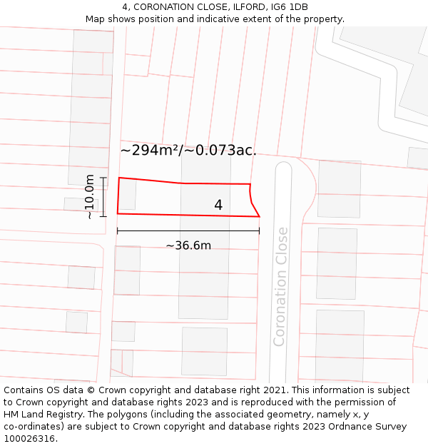 4, CORONATION CLOSE, ILFORD, IG6 1DB: Plot and title map