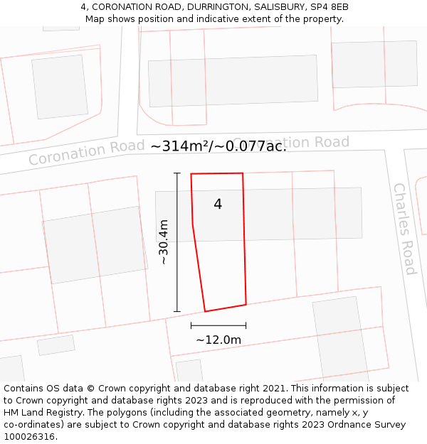 4, CORONATION ROAD, DURRINGTON, SALISBURY, SP4 8EB: Plot and title map