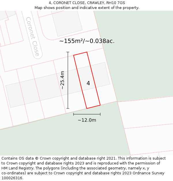 4, CORONET CLOSE, CRAWLEY, RH10 7GS: Plot and title map