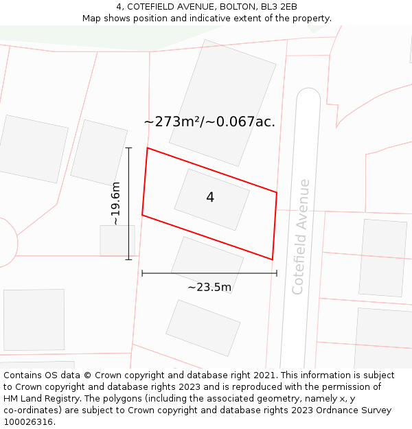 4, COTEFIELD AVENUE, BOLTON, BL3 2EB: Plot and title map