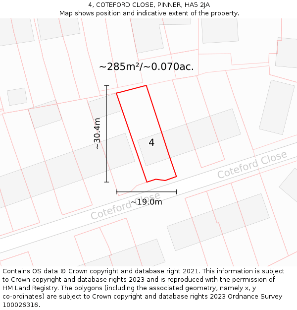 4, COTEFORD CLOSE, PINNER, HA5 2JA: Plot and title map