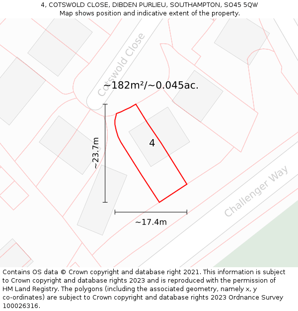 4, COTSWOLD CLOSE, DIBDEN PURLIEU, SOUTHAMPTON, SO45 5QW: Plot and title map