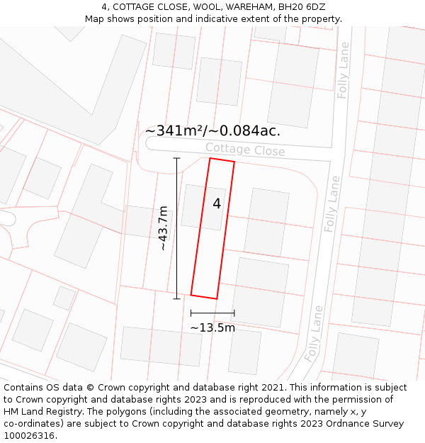 4, COTTAGE CLOSE, WOOL, WAREHAM, BH20 6DZ: Plot and title map