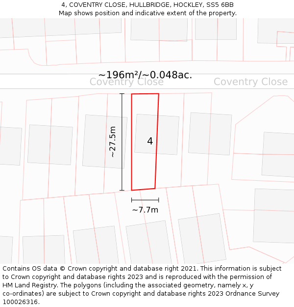 4, COVENTRY CLOSE, HULLBRIDGE, HOCKLEY, SS5 6BB: Plot and title map