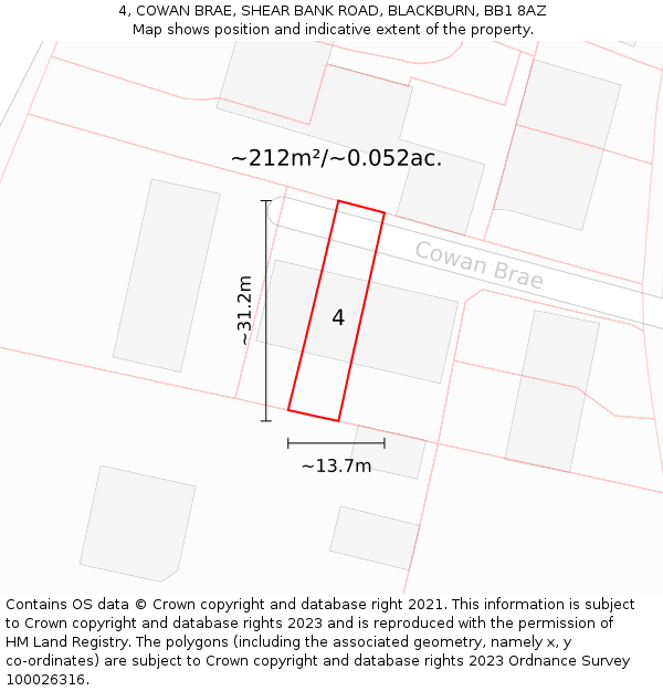 4, COWAN BRAE, SHEAR BANK ROAD, BLACKBURN, BB1 8AZ: Plot and title map
