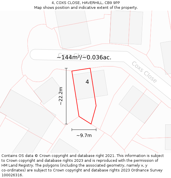4, COXS CLOSE, HAVERHILL, CB9 9PP: Plot and title map