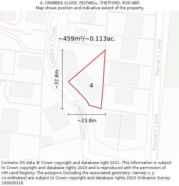 4, CRABBES CLOSE, FELTWELL, THETFORD, IP26 4BD: Plot and title map