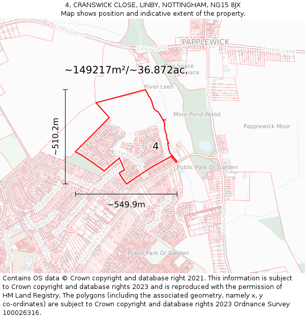 4, CRANSWICK CLOSE, LINBY, NOTTINGHAM, NG15 8JX: Plot and title map