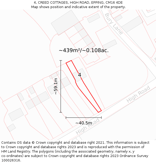 4, CREED COTTAGES, HIGH ROAD, EPPING, CM16 4DE: Plot and title map