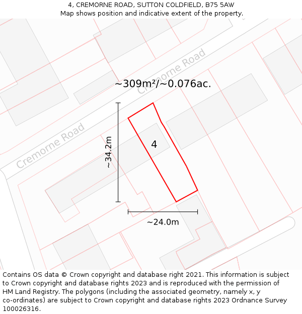 4, CREMORNE ROAD, SUTTON COLDFIELD, B75 5AW: Plot and title map