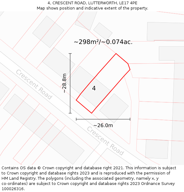 4, CRESCENT ROAD, LUTTERWORTH, LE17 4PE: Plot and title map