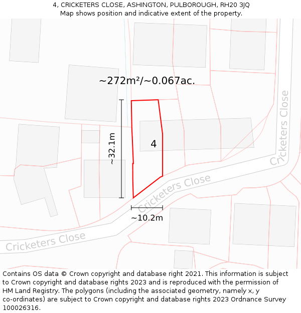4, CRICKETERS CLOSE, ASHINGTON, PULBOROUGH, RH20 3JQ: Plot and title map