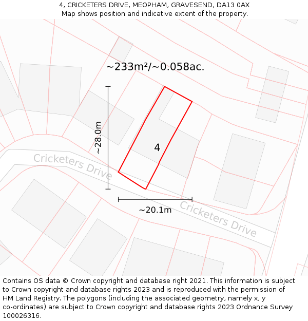 4, CRICKETERS DRIVE, MEOPHAM, GRAVESEND, DA13 0AX: Plot and title map