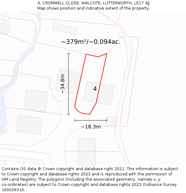 4, CROMWELL CLOSE, WALCOTE, LUTTERWORTH, LE17 4JJ: Plot and title map