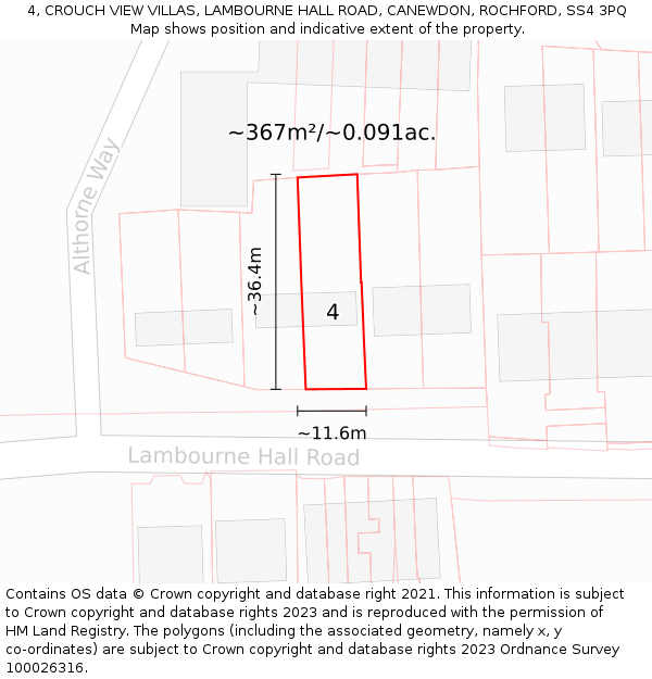 4, CROUCH VIEW VILLAS, LAMBOURNE HALL ROAD, CANEWDON, ROCHFORD, SS4 3PQ: Plot and title map
