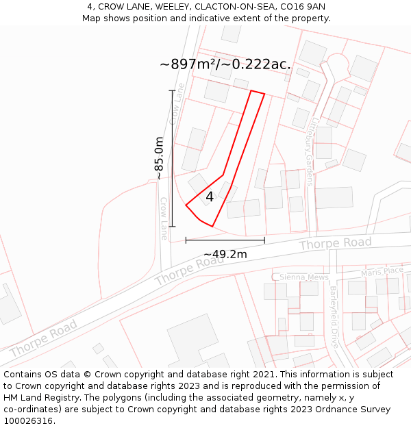 4, CROW LANE, WEELEY, CLACTON-ON-SEA, CO16 9AN: Plot and title map