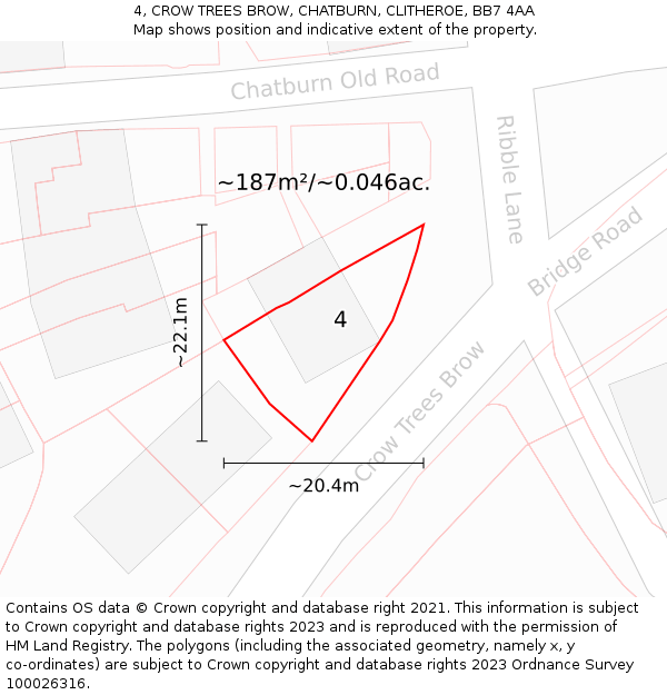 4, CROW TREES BROW, CHATBURN, CLITHEROE, BB7 4AA: Plot and title map
