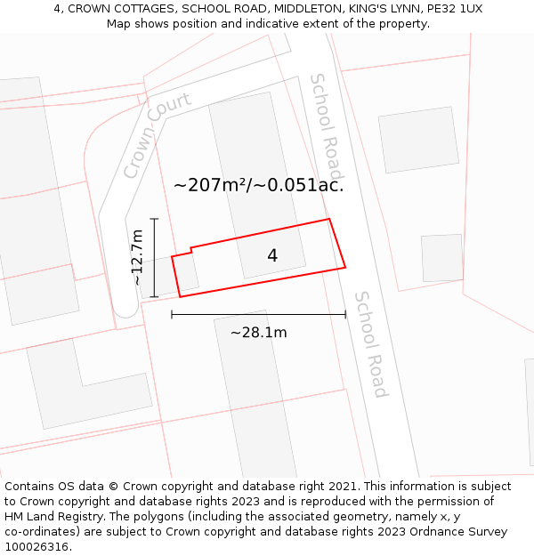 4, CROWN COTTAGES, SCHOOL ROAD, MIDDLETON, KING'S LYNN, PE32 1UX: Plot and title map