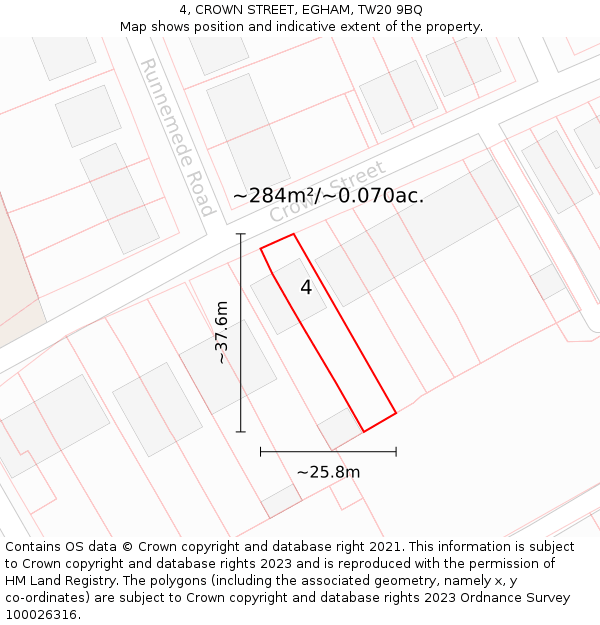 4, CROWN STREET, EGHAM, TW20 9BQ: Plot and title map