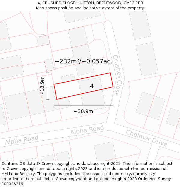 4, CRUSHES CLOSE, HUTTON, BRENTWOOD, CM13 1PB: Plot and title map
