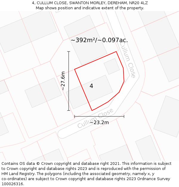 4, CULLUM CLOSE, SWANTON MORLEY, DEREHAM, NR20 4LZ: Plot and title map
