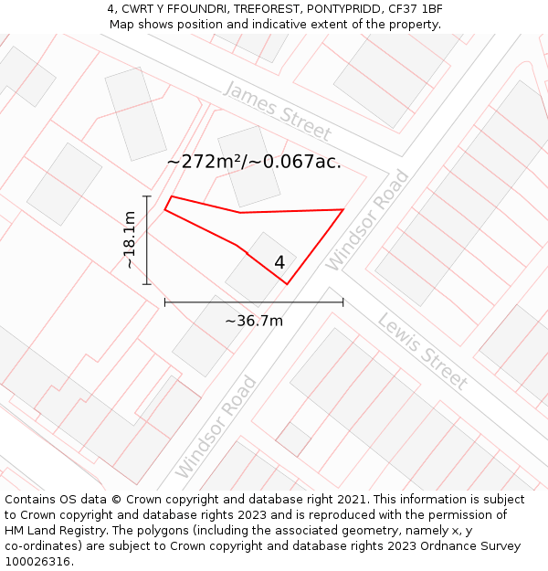 4, CWRT Y FFOUNDRI, TREFOREST, PONTYPRIDD, CF37 1BF: Plot and title map