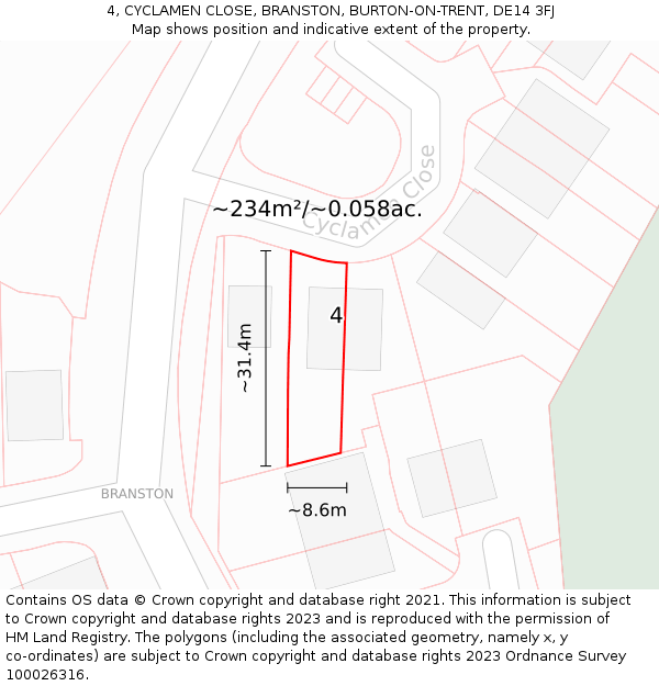 4, CYCLAMEN CLOSE, BRANSTON, BURTON-ON-TRENT, DE14 3FJ: Plot and title map