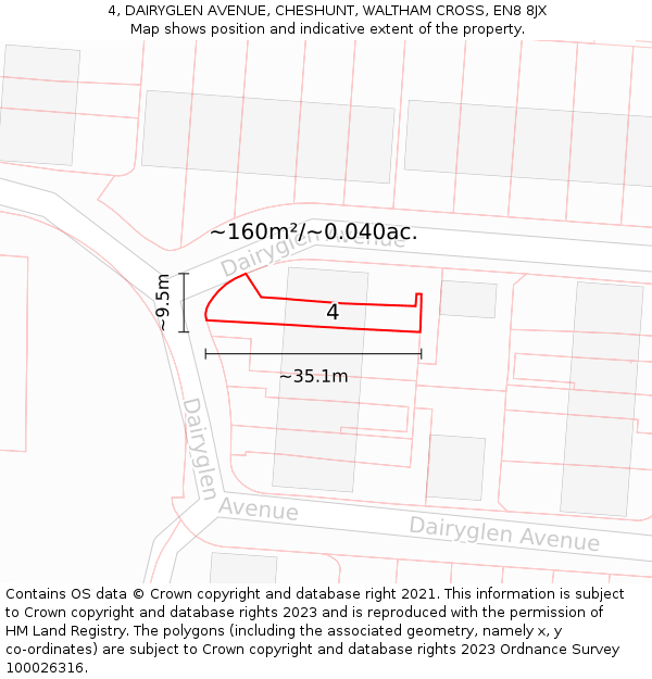 4, DAIRYGLEN AVENUE, CHESHUNT, WALTHAM CROSS, EN8 8JX: Plot and title map