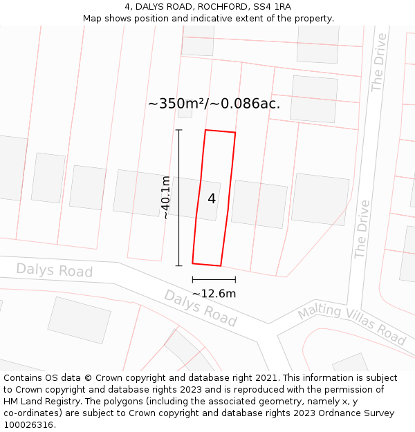 4, DALYS ROAD, ROCHFORD, SS4 1RA: Plot and title map