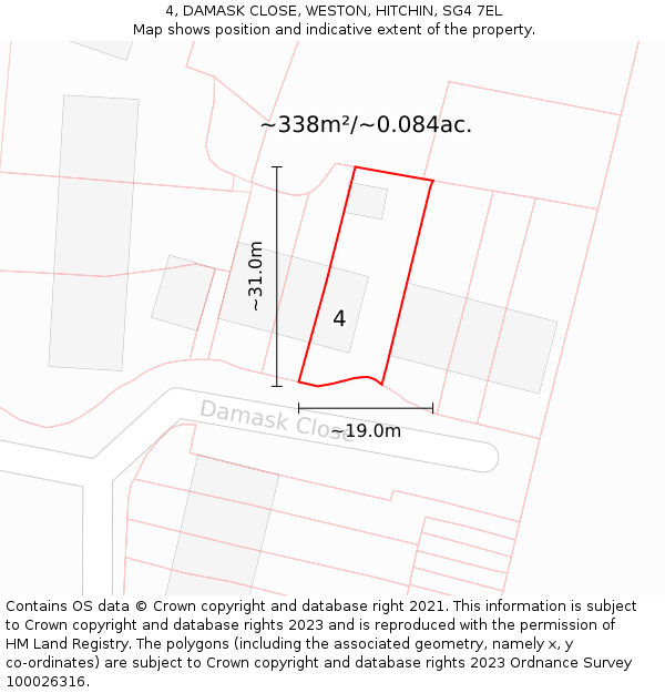 4, DAMASK CLOSE, WESTON, HITCHIN, SG4 7EL: Plot and title map