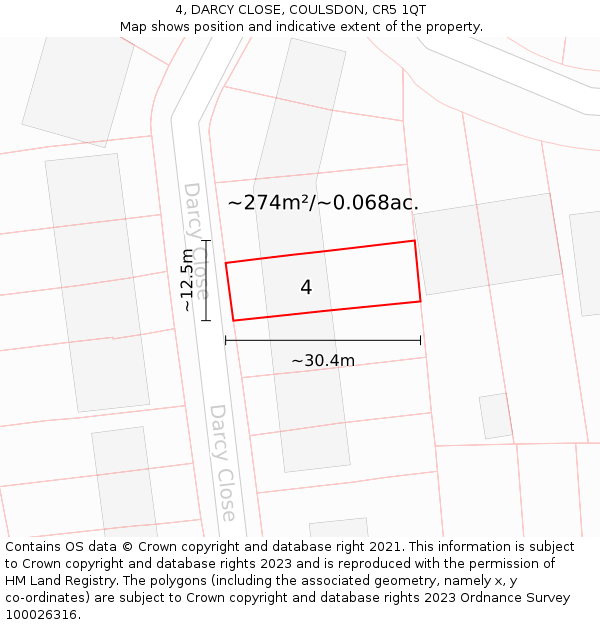 4, DARCY CLOSE, COULSDON, CR5 1QT: Plot and title map