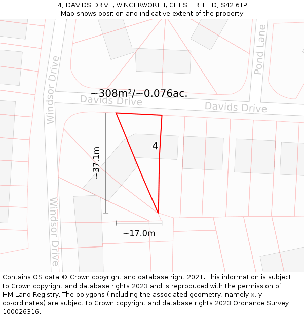 4, DAVIDS DRIVE, WINGERWORTH, CHESTERFIELD, S42 6TP: Plot and title map