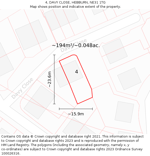 4, DAVY CLOSE, HEBBURN, NE31 1TG: Plot and title map