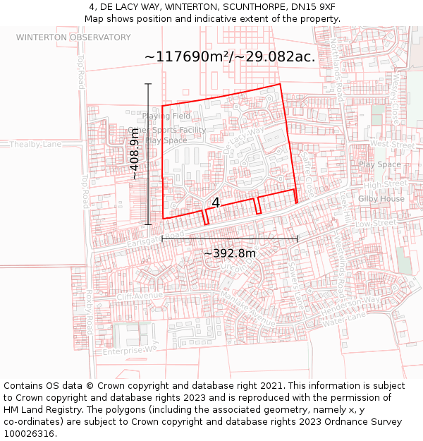 4, DE LACY WAY, WINTERTON, SCUNTHORPE, DN15 9XF: Plot and title map