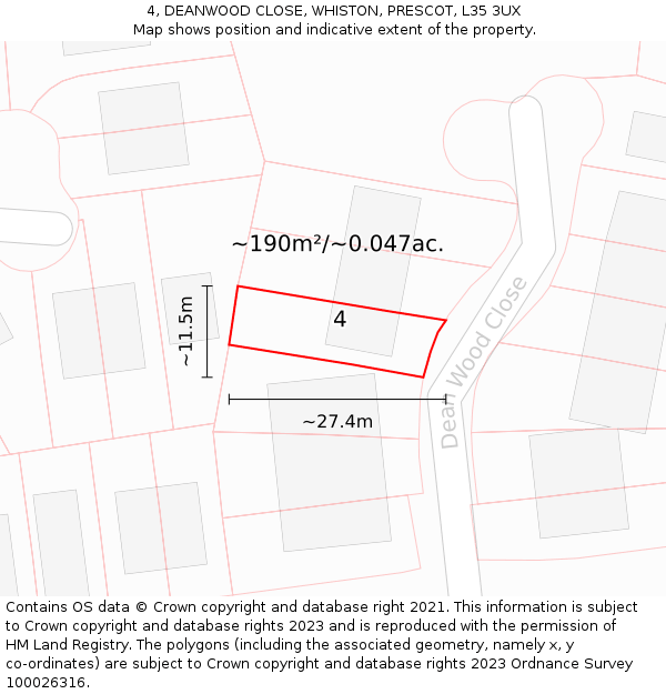4, DEANWOOD CLOSE, WHISTON, PRESCOT, L35 3UX: Plot and title map