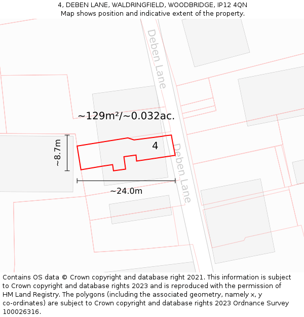 4, DEBEN LANE, WALDRINGFIELD, WOODBRIDGE, IP12 4QN: Plot and title map