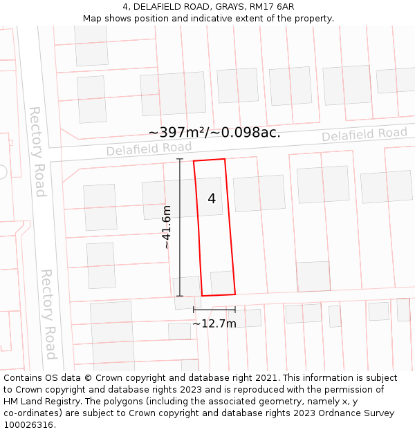 4, DELAFIELD ROAD, GRAYS, RM17 6AR: Plot and title map